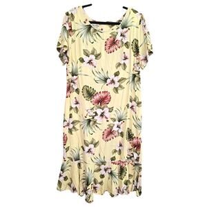 VTG Hawaiian Hibiscus Monstera Print Midi Dress 2XL Butter Yellow Ruffle Hem USA